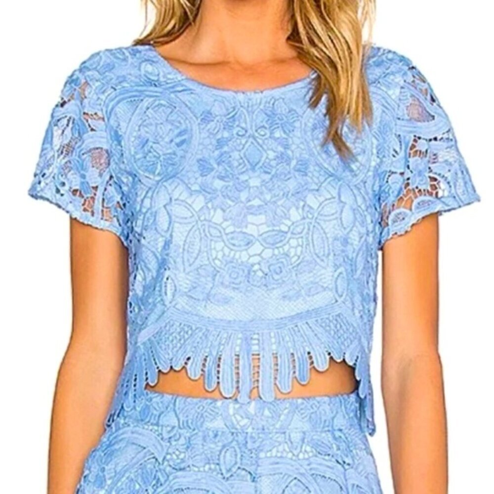Lovers & Friends Daycation Lace Embroidered Boho Crop Top in light baby Blue XS